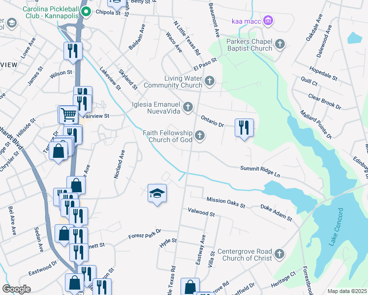 map of restaurants, bars, coffee shops, grocery stores, and more near 1485 Mitchell Glen Street in Kannapolis