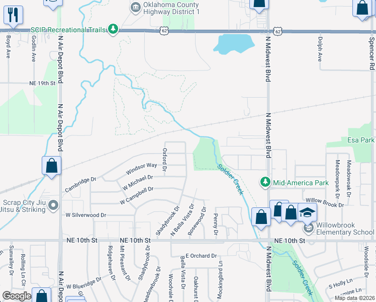 map of restaurants, bars, coffee shops, grocery stores, and more near 4406 North Shadybrook Drive in Midwest City