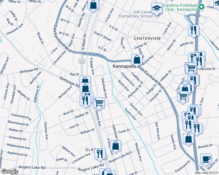 map of restaurants, bars, coffee shops, grocery stores, and more near 806 Desoto Avenue in Kannapolis