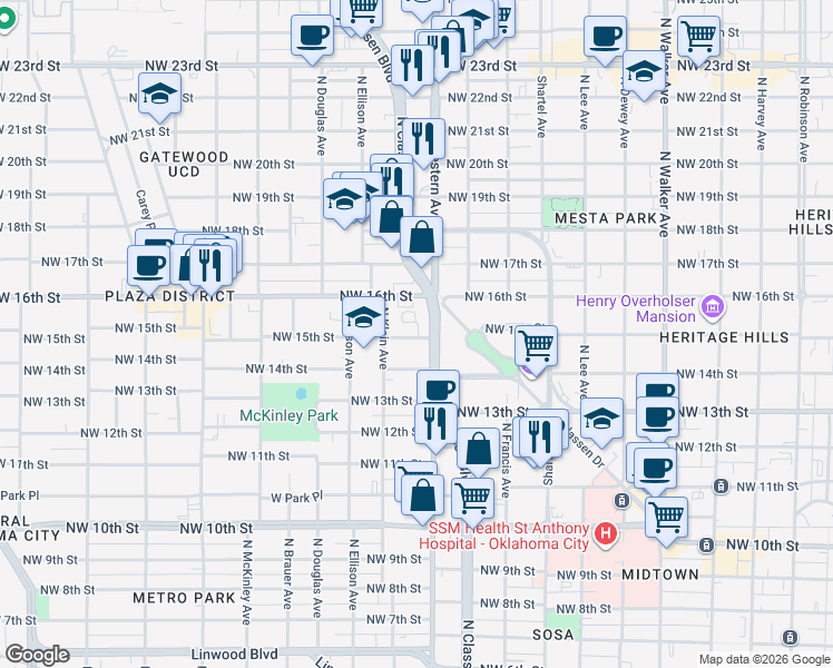 map of restaurants, bars, coffee shops, grocery stores, and more near 1625 North Classen Boulevard in Oklahoma City