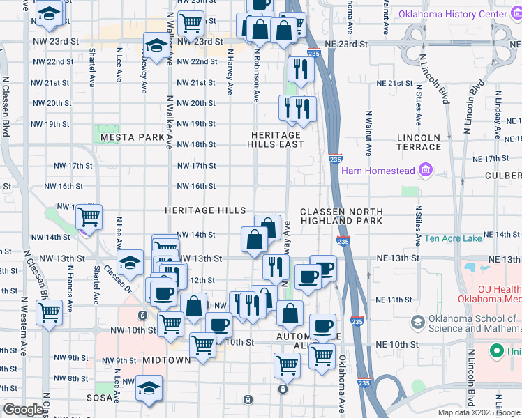 map of restaurants, bars, coffee shops, grocery stores, and more near 130 Northwest 16th Street in Oklahoma City