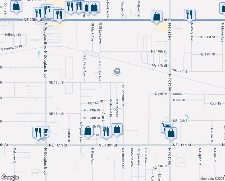 map of restaurants, bars, coffee shops, grocery stores, and more near 9500 Northeast 16th Street in Midwest City