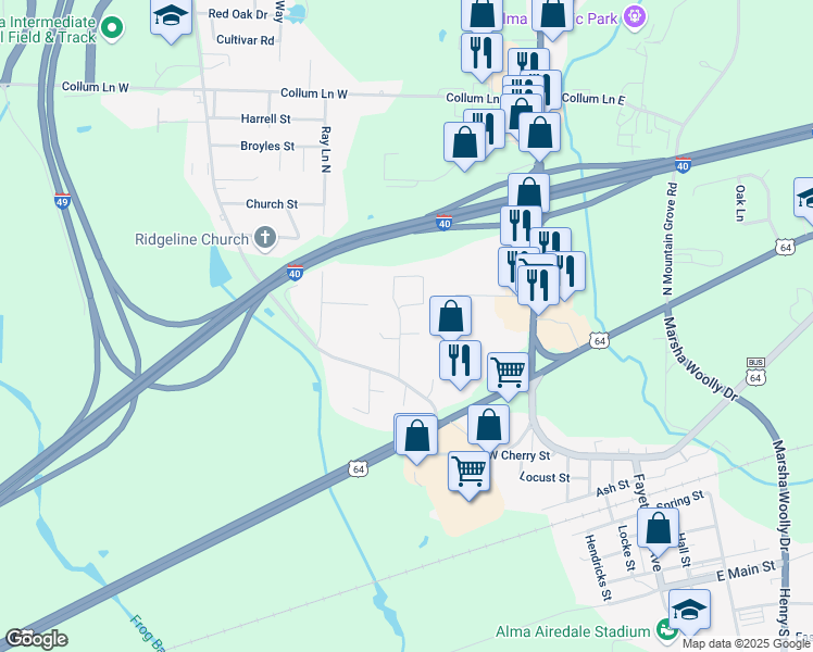 map of restaurants, bars, coffee shops, grocery stores, and more near 220 Meadors Drive in Alma