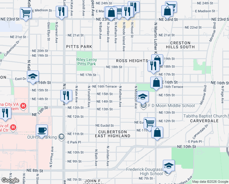 map of restaurants, bars, coffee shops, grocery stores, and more near 1624 Northeast 16th Terrace in Oklahoma City