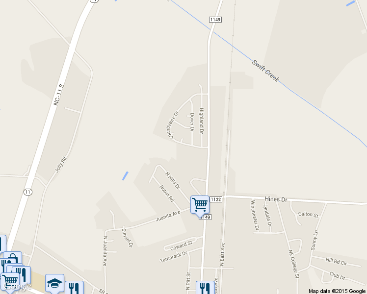 map of restaurants, bars, coffee shops, grocery stores, and more near 3874 Countryaire Drive in Ayden