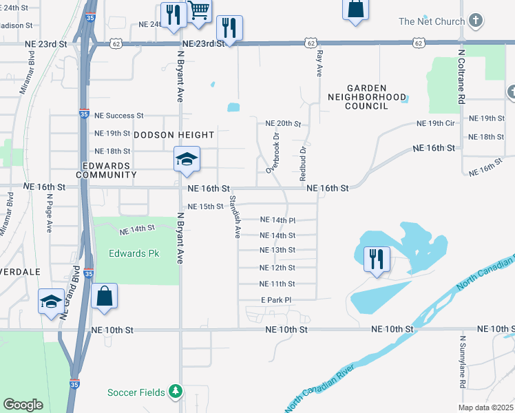 map of restaurants, bars, coffee shops, grocery stores, and more near 3116 Northeast 16th Street in Oklahoma City