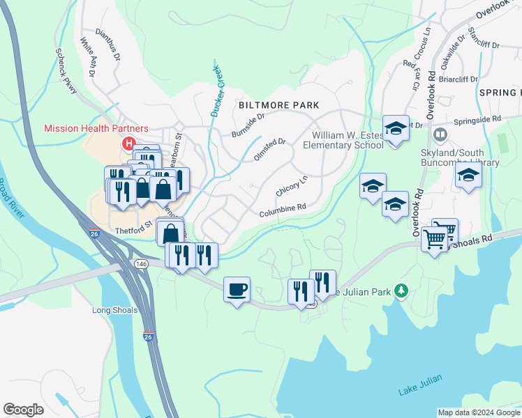 map of restaurants, bars, coffee shops, grocery stores, and more near 1055 Columbine Road in Asheville