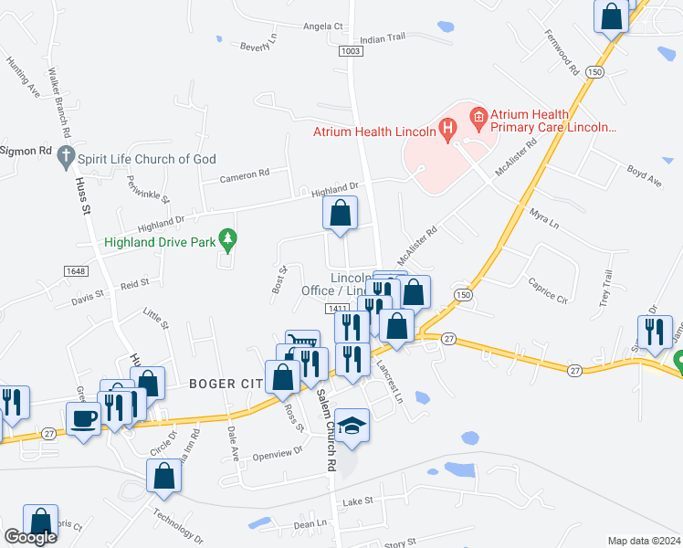 map of restaurants, bars, coffee shops, grocery stores, and more near 257 Shady Lane in Lincolnton