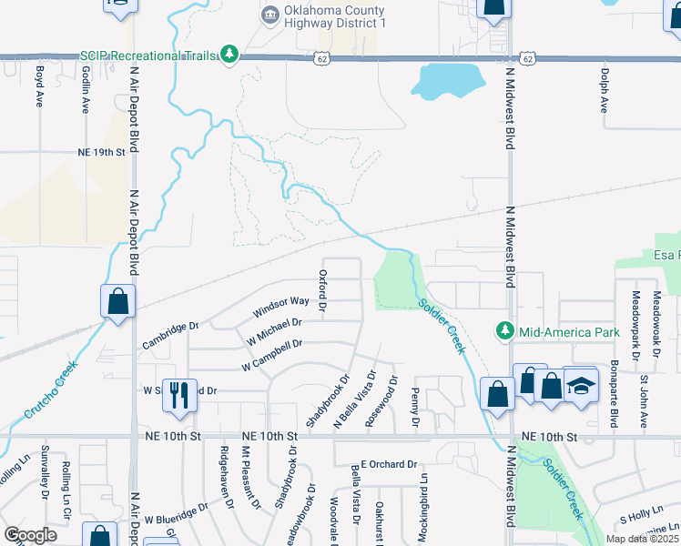 map of restaurants, bars, coffee shops, grocery stores, and more near 107 London Lane in Midwest City