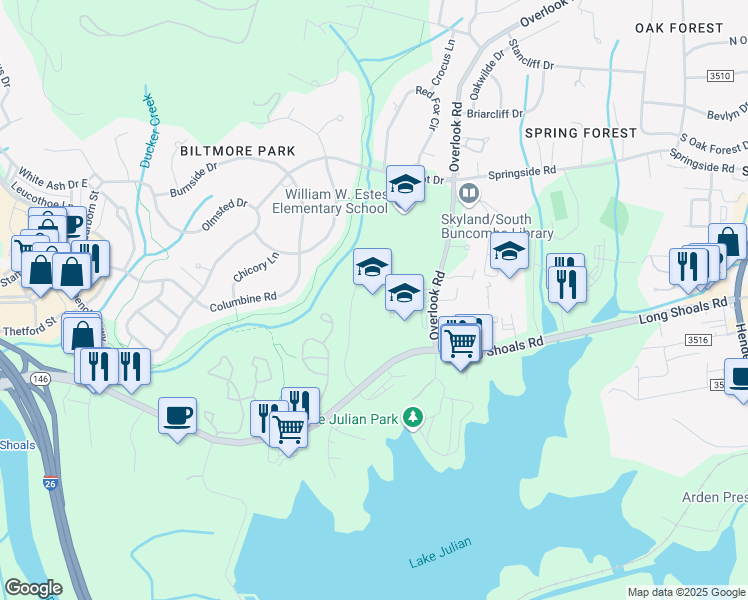 map of restaurants, bars, coffee shops, grocery stores, and more near 224 Long Shoals Road in Arden