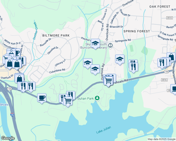 map of restaurants, bars, coffee shops, grocery stores, and more near 224 Long Shoals Road in Arden
