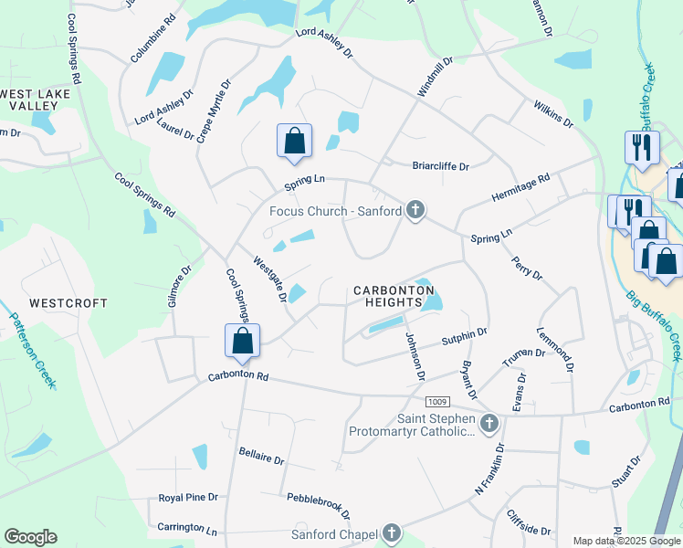 map of restaurants, bars, coffee shops, grocery stores, and more near 2524 Waterford Court in Sanford