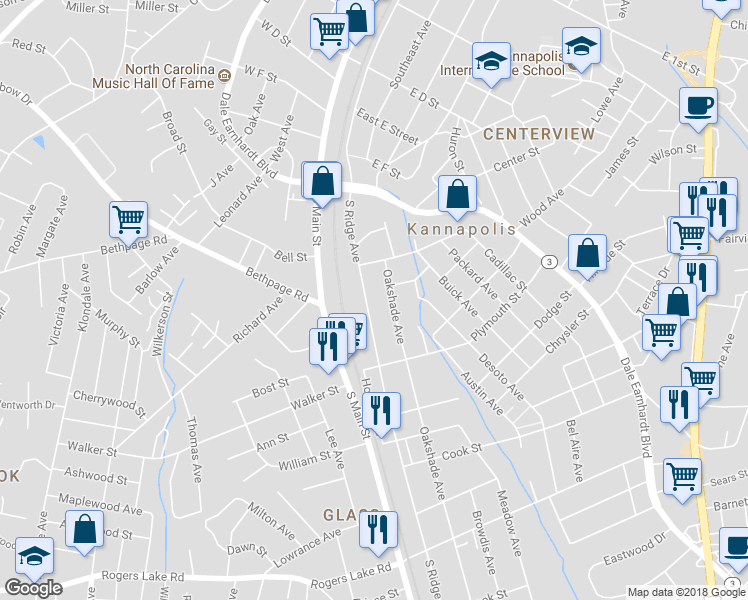 map of restaurants, bars, coffee shops, grocery stores, and more near 708 Oakshade Avenue in Kannapolis