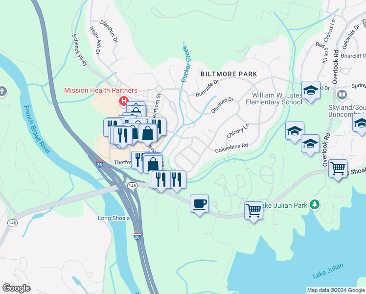 map of restaurants, bars, coffee shops, grocery stores, and more near 1067 Columbine Road in Asheville