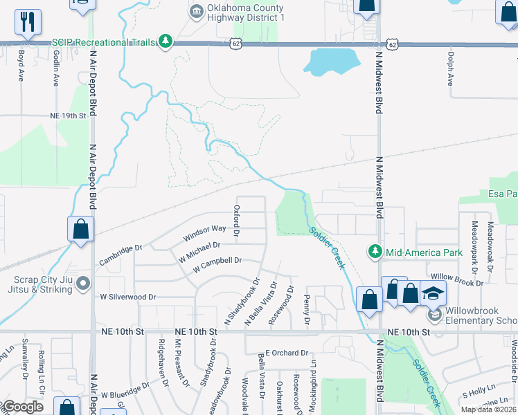 map of restaurants, bars, coffee shops, grocery stores, and more near 107 London Lane in Midwest City