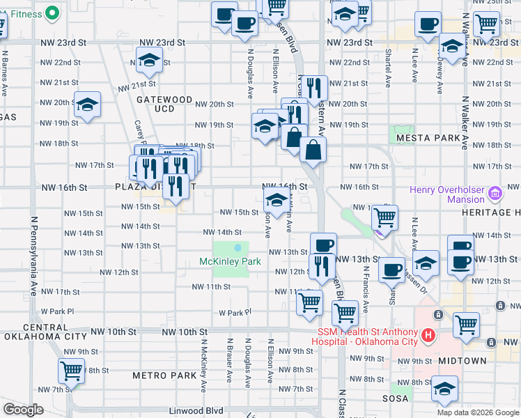 map of restaurants, bars, coffee shops, grocery stores, and more near 1620 North Ellison Avenue in Oklahoma City