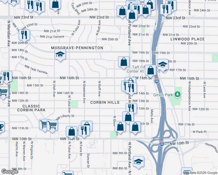 map of restaurants, bars, coffee shops, grocery stores, and more near 3829 Northwest 15th Street in Oklahoma City