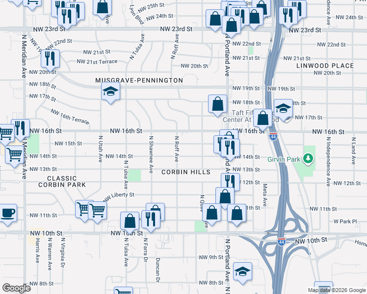 map of restaurants, bars, coffee shops, grocery stores, and more near 3829 Northwest 15th Street in Oklahoma City