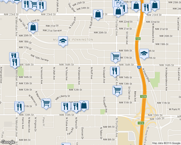 map of restaurants, bars, coffee shops, grocery stores, and more near 3913 Northwest 15th Street in Oklahoma City