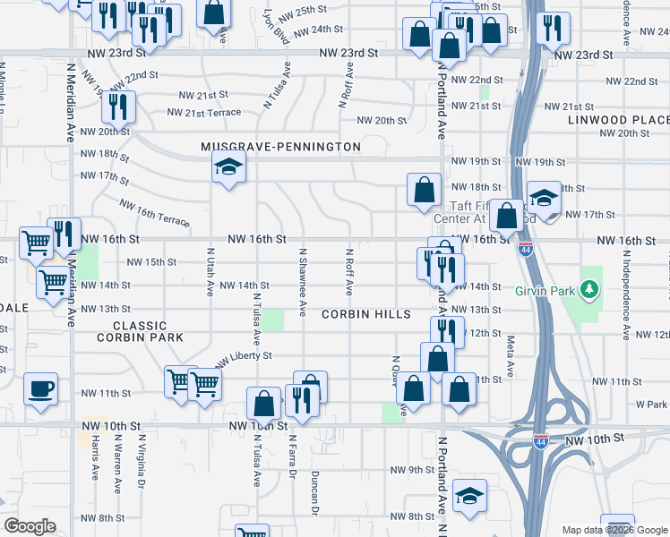 map of restaurants, bars, coffee shops, grocery stores, and more near 3913 Northwest 15th Street in Oklahoma City