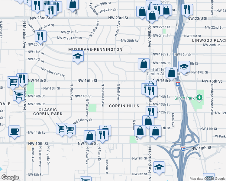 map of restaurants, bars, coffee shops, grocery stores, and more near 3913 Northwest 15th Street in Oklahoma City
