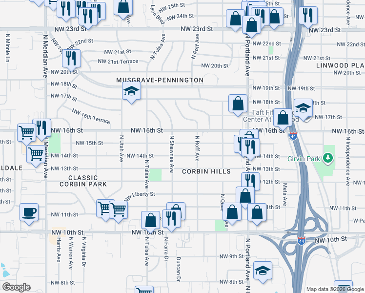 map of restaurants, bars, coffee shops, grocery stores, and more near 3913 Northwest 15th Street in Oklahoma City