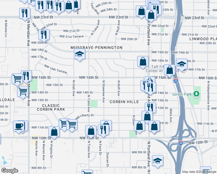 map of restaurants, bars, coffee shops, grocery stores, and more near 4001 Northwest 15th Street in Oklahoma City
