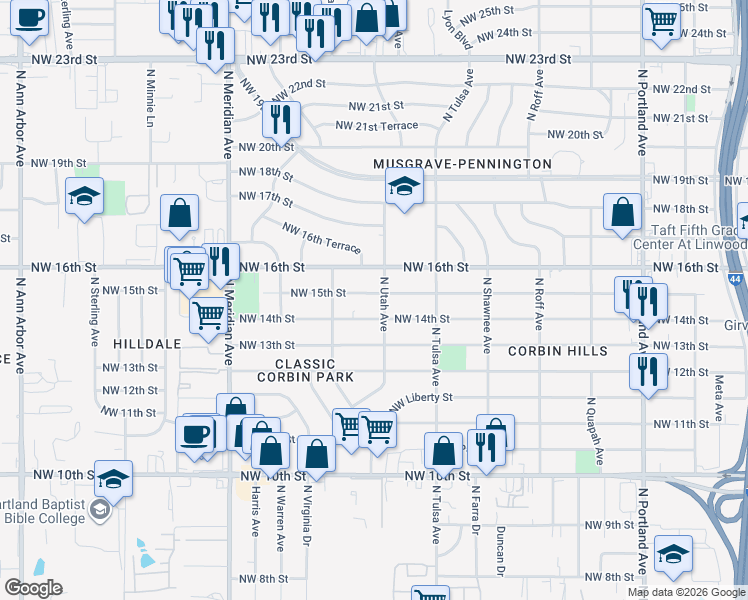 map of restaurants, bars, coffee shops, grocery stores, and more near 4201 Northwest 15th Street in Oklahoma City