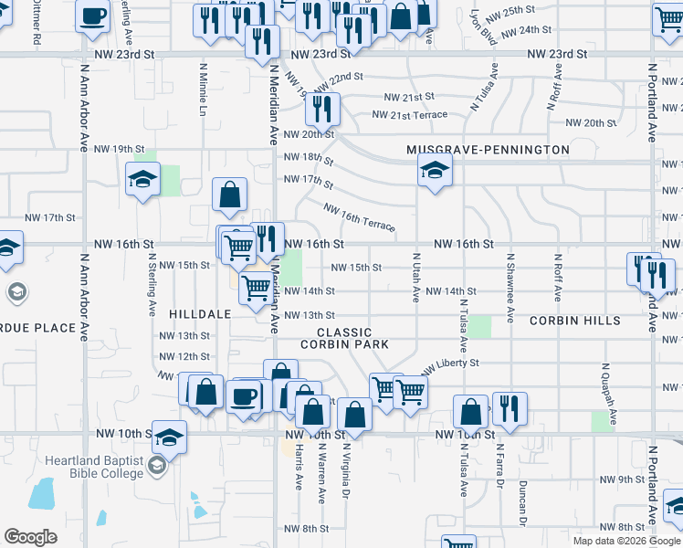 map of restaurants, bars, coffee shops, grocery stores, and more near 4317 Northwest 15th Street in Oklahoma City