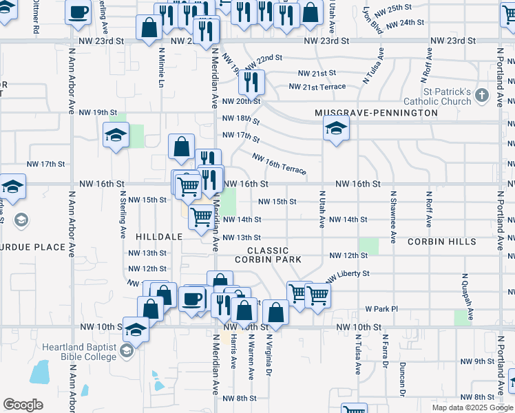 map of restaurants, bars, coffee shops, grocery stores, and more near 4401 Northwest 15th Street in Oklahoma City