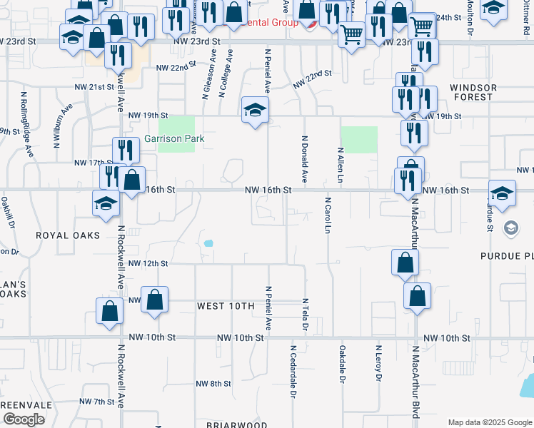 map of restaurants, bars, coffee shops, grocery stores, and more near 6600 Northwest 16th Street in Oklahoma City