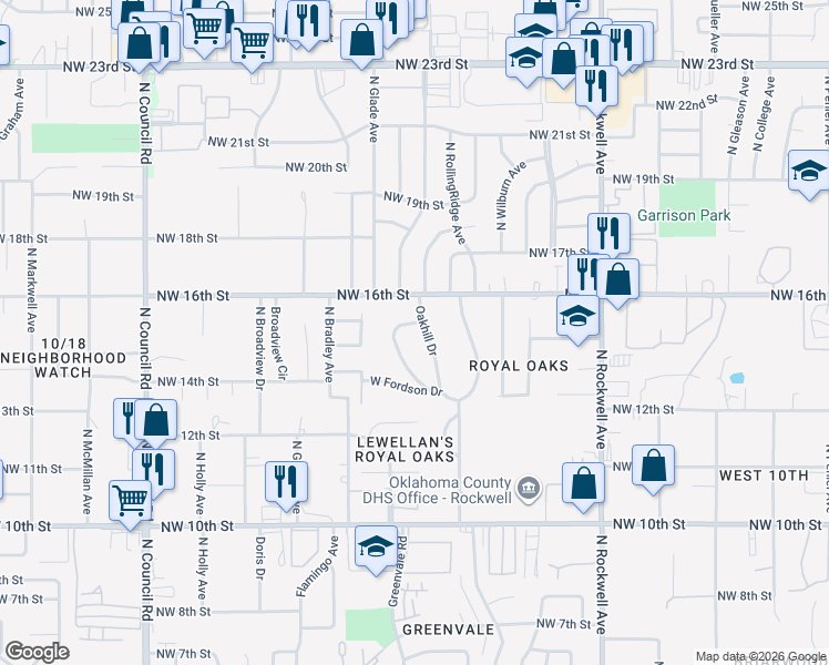 map of restaurants, bars, coffee shops, grocery stores, and more near 1601 Oakhill Drive in Oklahoma City