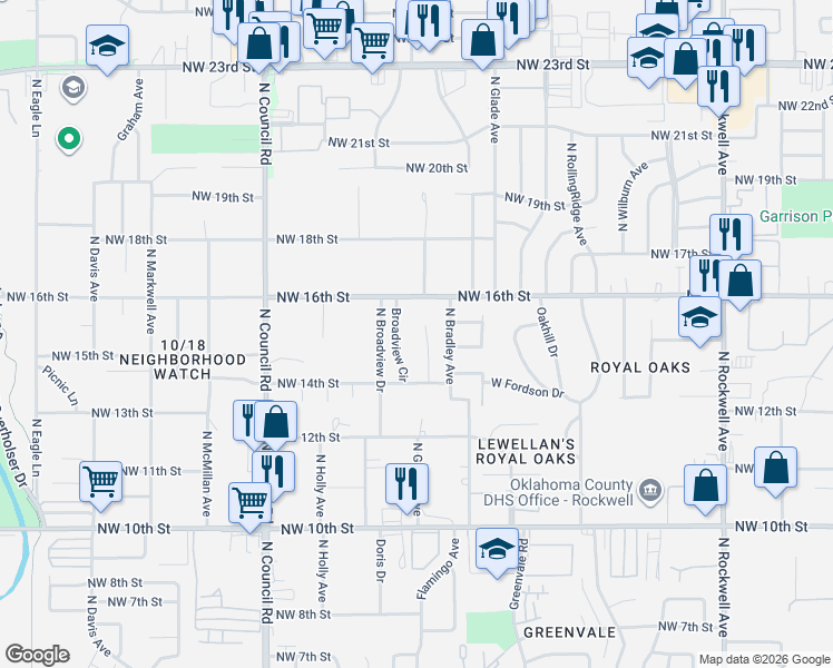 map of restaurants, bars, coffee shops, grocery stores, and more near 1617 Brown Oaks Drive in Oklahoma City
