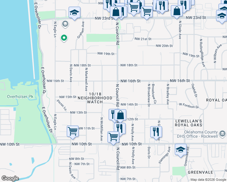 map of restaurants, bars, coffee shops, grocery stores, and more near 8010 Northwest 16th Street in Oklahoma City