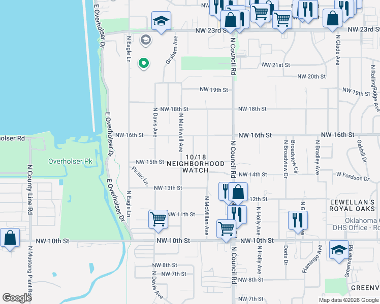 map of restaurants, bars, coffee shops, grocery stores, and more near 1612 North Markwell Place in Oklahoma City