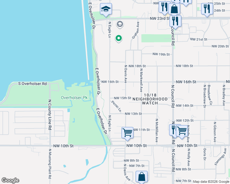 map of restaurants, bars, coffee shops, grocery stores, and more near 8320 Northwest 16th Street in Oklahoma City
