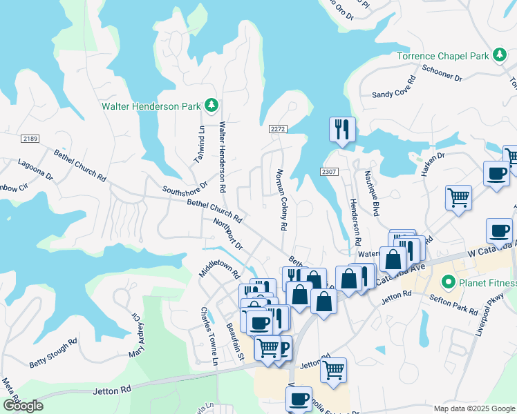 map of restaurants, bars, coffee shops, grocery stores, and more near 20326 Colony Point Lane in Cornelius