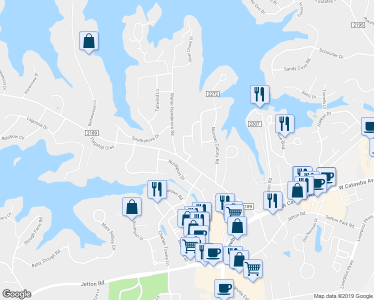 map of restaurants, bars, coffee shops, grocery stores, and more near 19818 Madison Village Drive in Cornelius