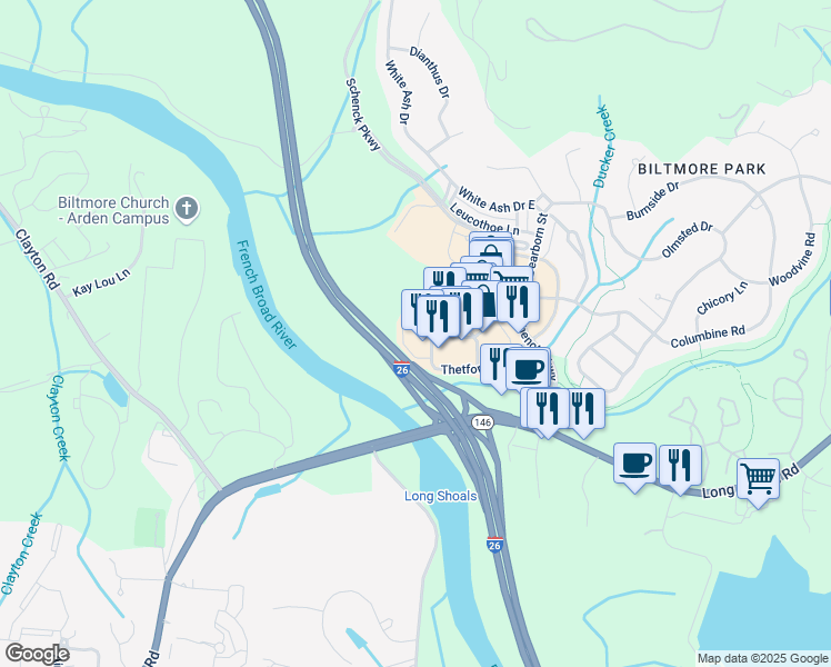 map of restaurants, bars, coffee shops, grocery stores, and more near 292 Thetford Street in Asheville