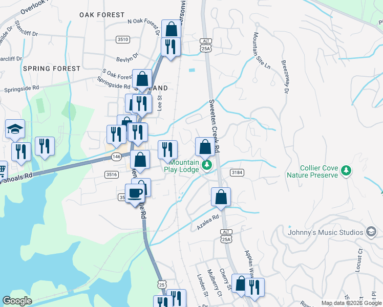 map of restaurants, bars, coffee shops, grocery stores, and more near 48 Ravencroft Lane in Asheville