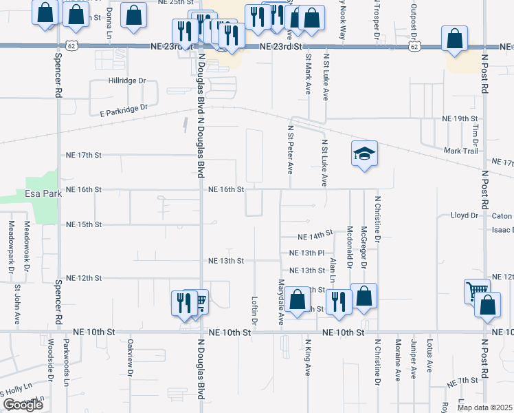 map of restaurants, bars, coffee shops, grocery stores, and more near 1620 Cynthia Drive in Midwest City