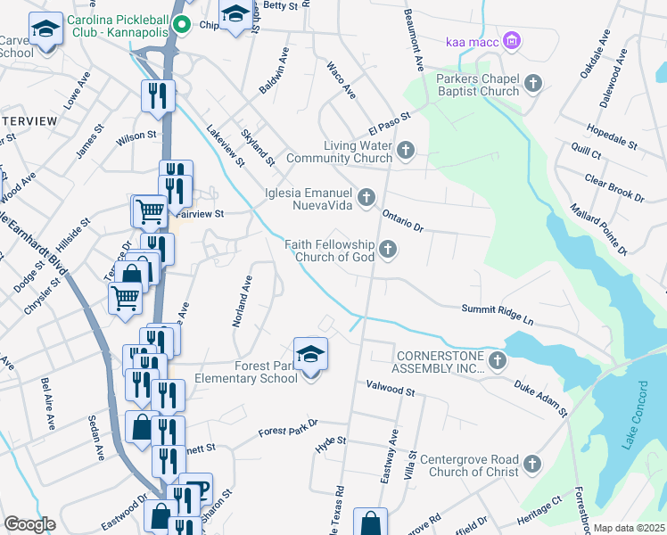map of restaurants, bars, coffee shops, grocery stores, and more near 1454 Mitchell Glen Street in Kannapolis
