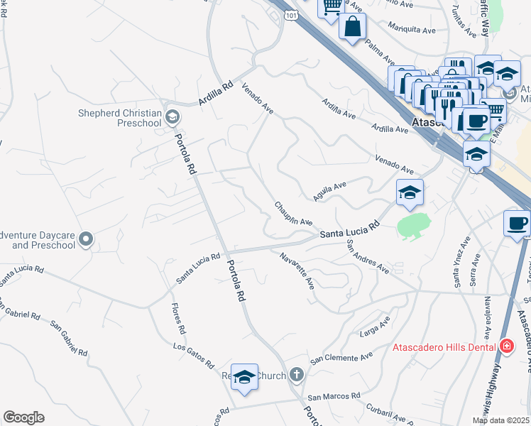 map of restaurants, bars, coffee shops, grocery stores, and more near 5670 Encino Avenue in Atascadero