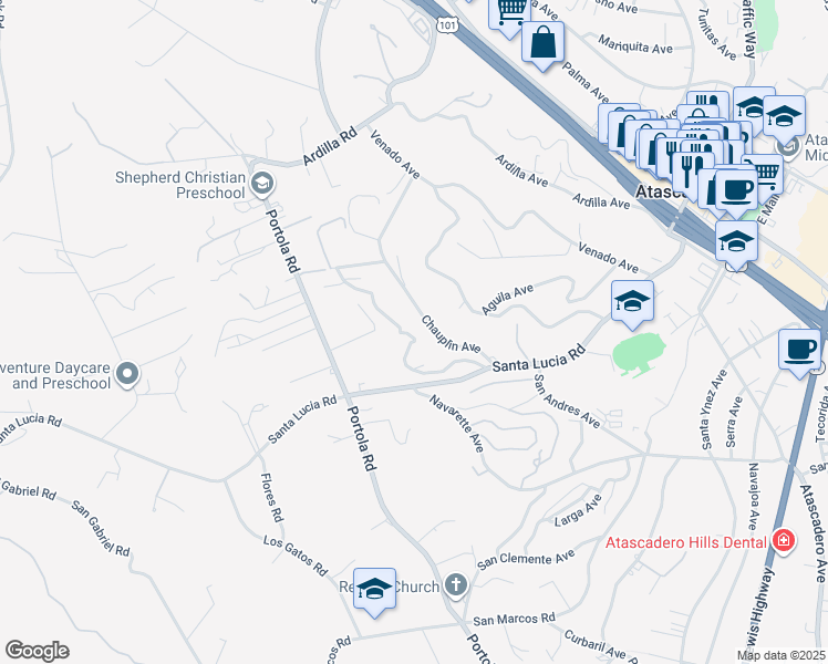 map of restaurants, bars, coffee shops, grocery stores, and more near 5655 Encino Avenue in Atascadero