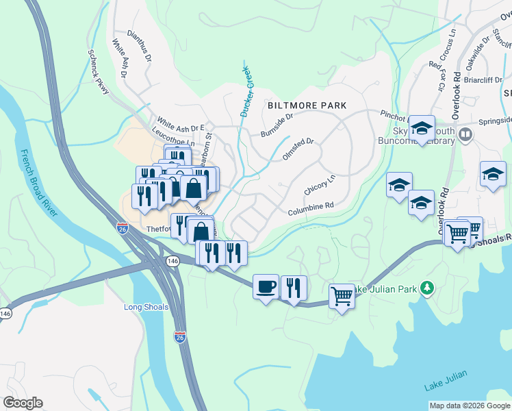 map of restaurants, bars, coffee shops, grocery stores, and more near 1063 Columbine Road in Asheville
