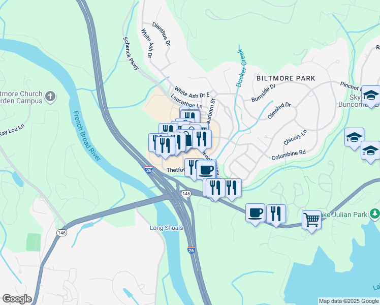 map of restaurants, bars, coffee shops, grocery stores, and more near 111 Stamford Street in Asheville