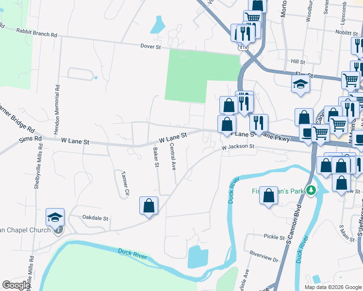 map of restaurants, bars, coffee shops, grocery stores, and more near 933 West Lane Street in Shelbyville