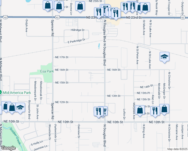 map of restaurants, bars, coffee shops, grocery stores, and more near 1619 North Douglas Boulevard in Midwest City