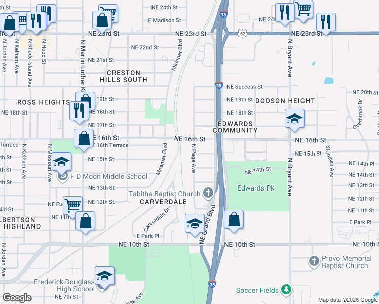 map of restaurants, bars, coffee shops, grocery stores, and more near 2504 Northeast 16th Street in Oklahoma City