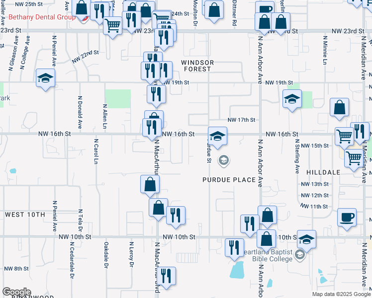 map of restaurants, bars, coffee shops, grocery stores, and more near 1613 Julie Place in Oklahoma City